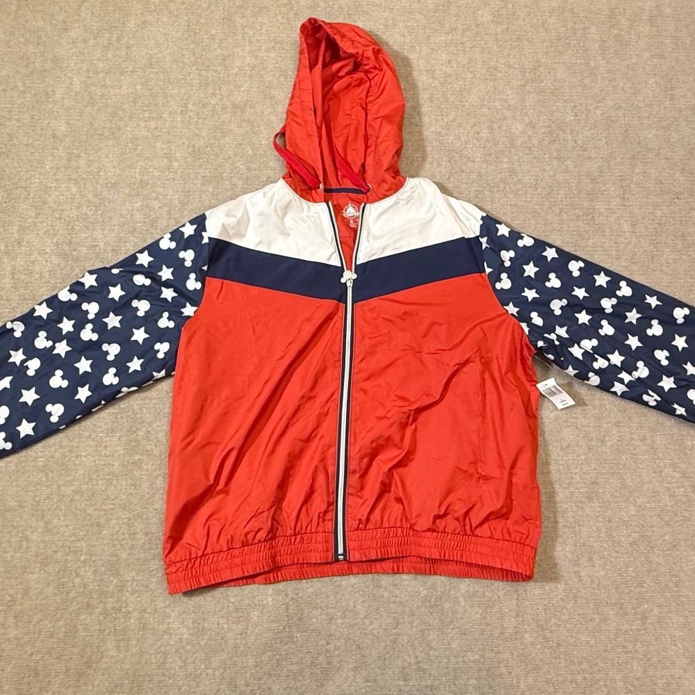 Disney Women Rain Jacket L Red White Blue Hood Full Zip Pockets Retro NWT